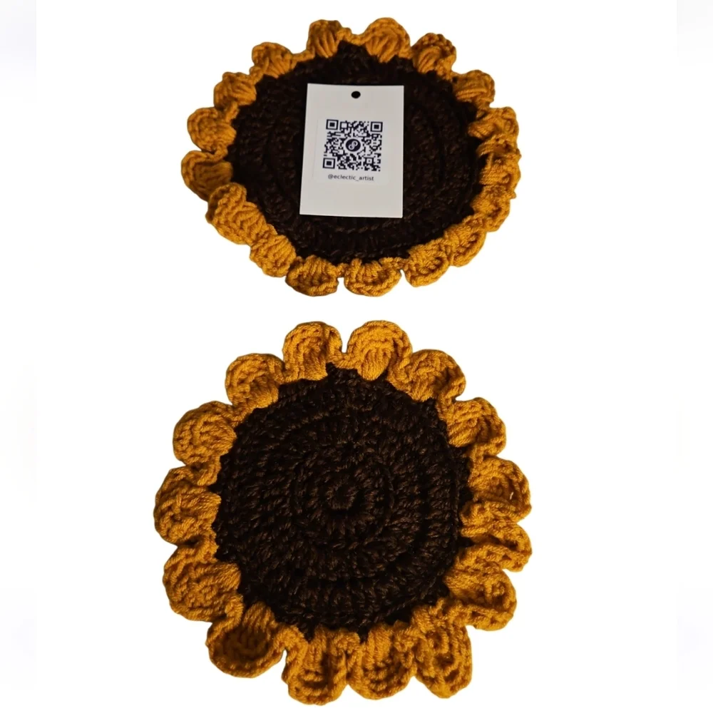 Hand Crafted Floral Coaster 2pc Set Sunflower Mug Rug Home Decor Faux Flower Mat